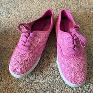 Cammie Pretty in Pink Lace Up Flats Fashion Sneakers w/ Lace Overlay Size 8.5
